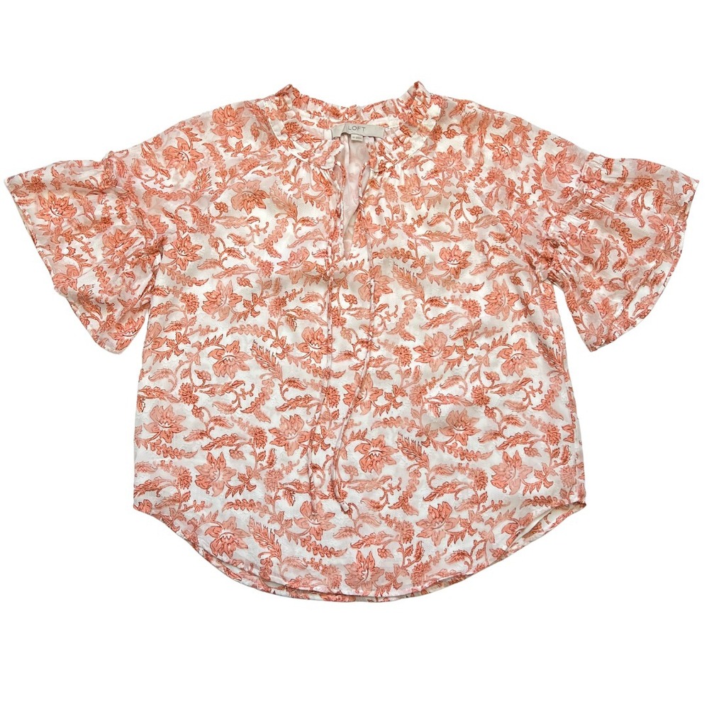 LOFT Orange Floral Ruffle Sleeve Blouse Women's XS Sheer Lightweight Top